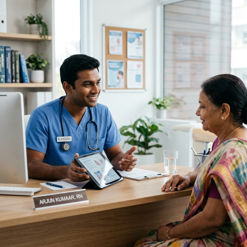 NurseNest Care professional nurse ready to answer your questions about home nursing services in Delhi/NCR