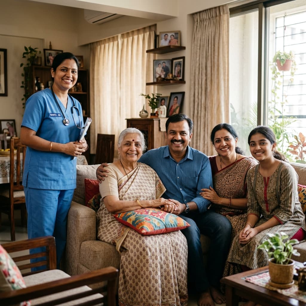 Happy Indian family receiving quality home nursing care from NurseNest Care in Delhi/NCR