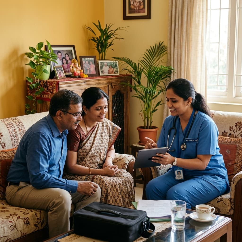 NurseNest Care nurse consulting with family about home nursing care plan in Delhi