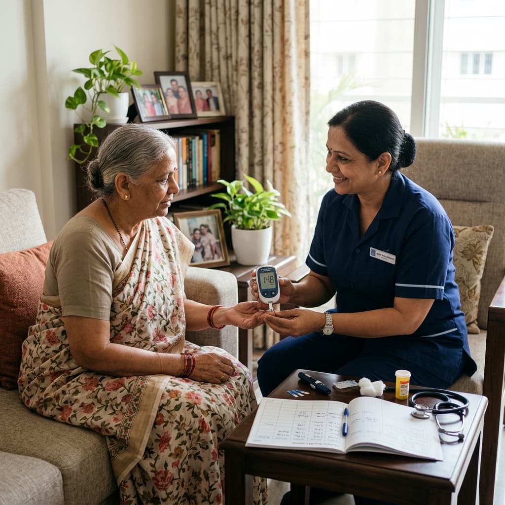 Chronic disease management at home - diabetes monitoring and blood pressure checks by professional nurse in Delhi/NCR
