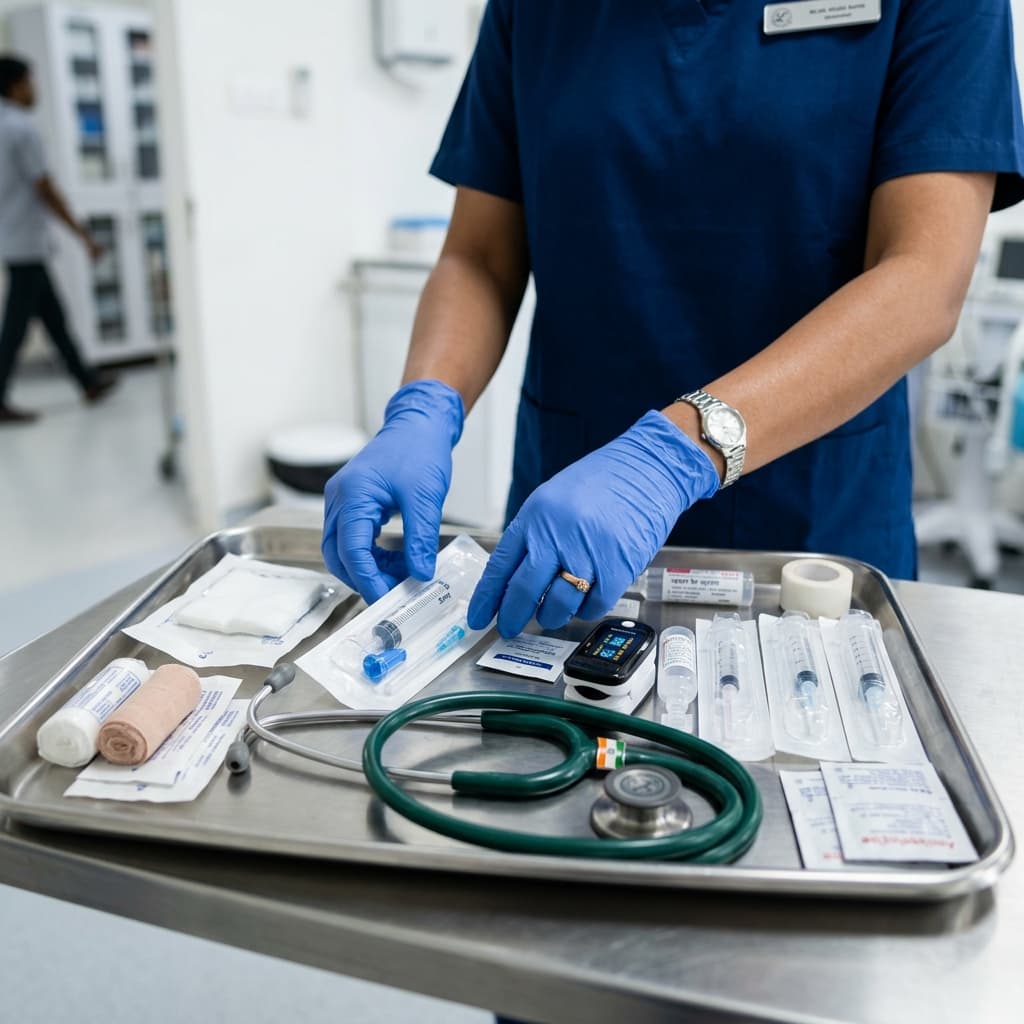 Hospital-grade medical equipment and supplies used by NurseNest Care for professional home healthcare in Delhi/NCR